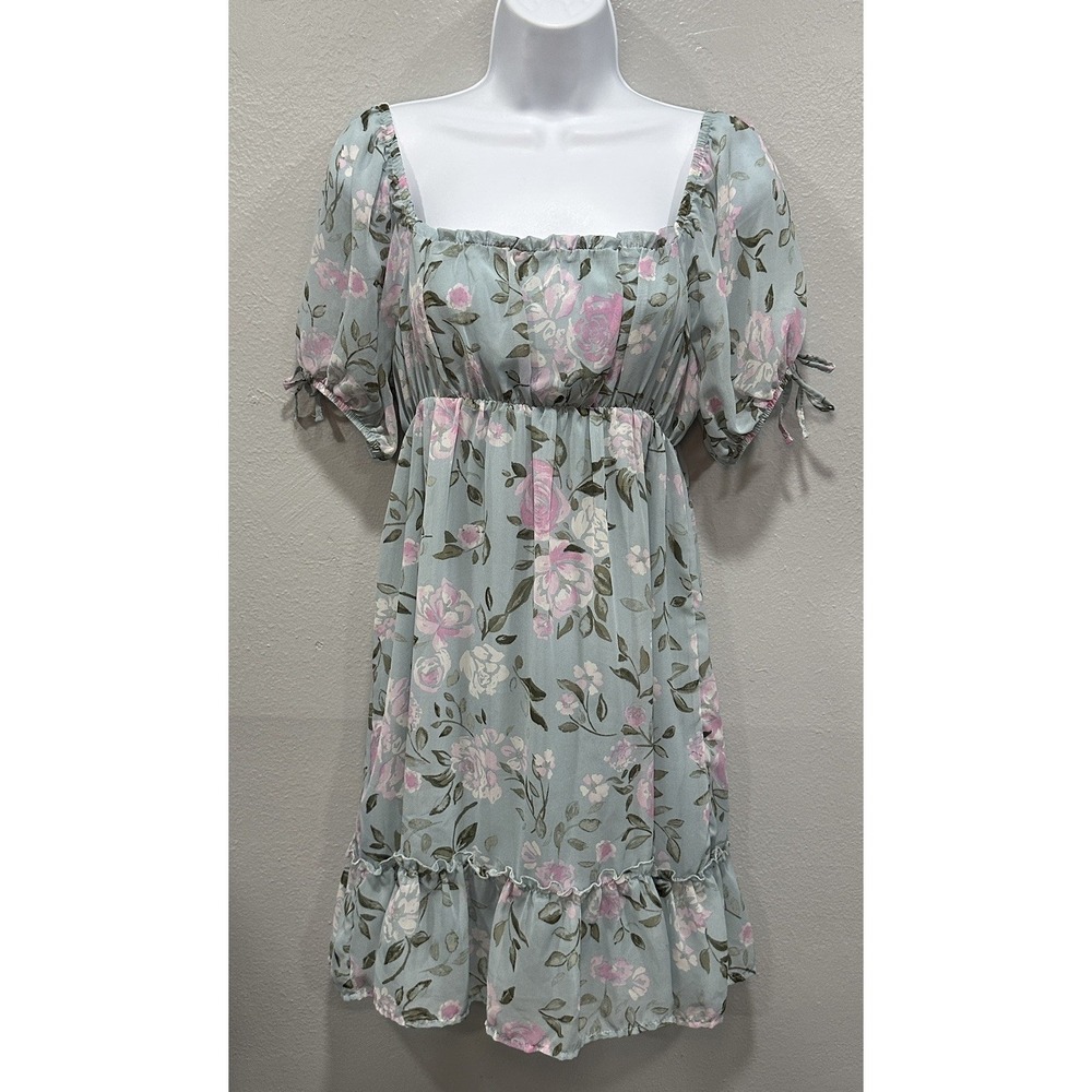 Derek Heart Mini Dress Women's Size Medium Blue Floral Puff Sleeves Lined Boho